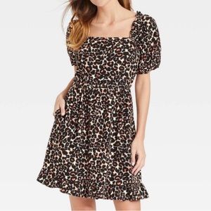 ✨NWT✨Who What Wear Women's Puff Short Sleeve Dress - Cream Leopard Print XL